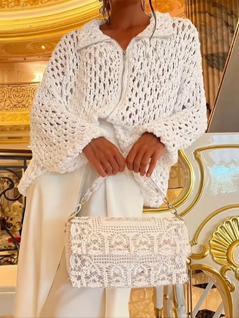 White Crochet Shoulder Zip Up Sweater